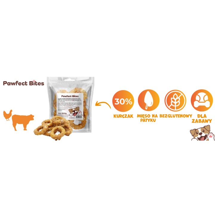 PAWFECT BITES Miękkie krążki ze skóry wołowej z kurczakiem - Donut dla psa 500g