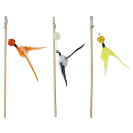 UNIQ PETS ZABAWKA DLA KOTA SWISHY drewniana wędka z plecioną piłką i piórkiem 40-43cm