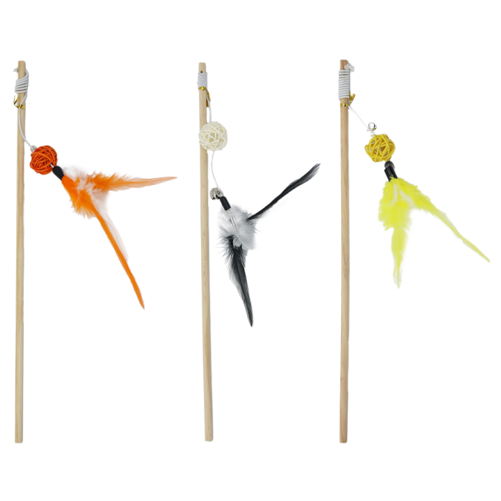 UNIQ PETS ZABAWKA DLA KOTA SWISHY drewniana wędka z plecioną piłką i piórkiem 40-43cm