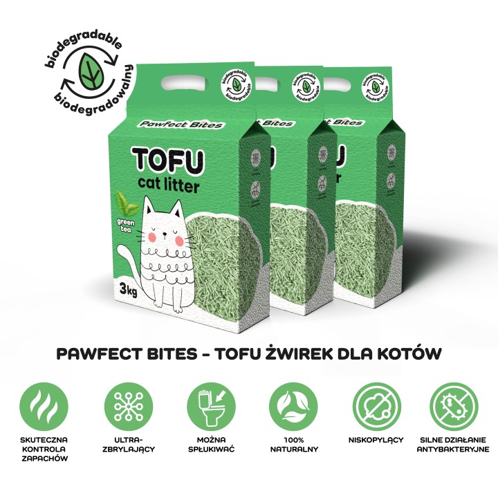 Żwirek tofu dla kotów zielona herbata eko zbrylający biodegradowalny Pawfect Bites