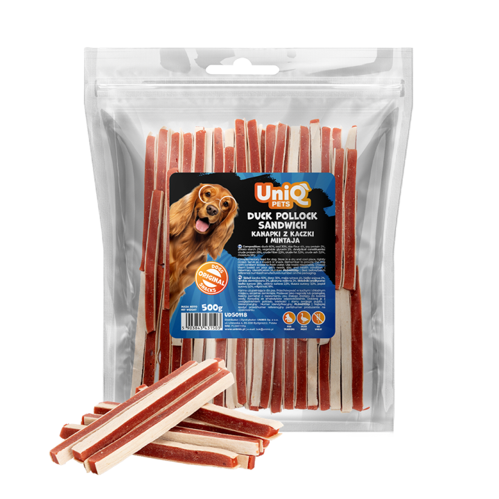 UNIQ PETS PRZYSMAKI DLA PSA MEATY 500g kanapki z kaczki i mintaja