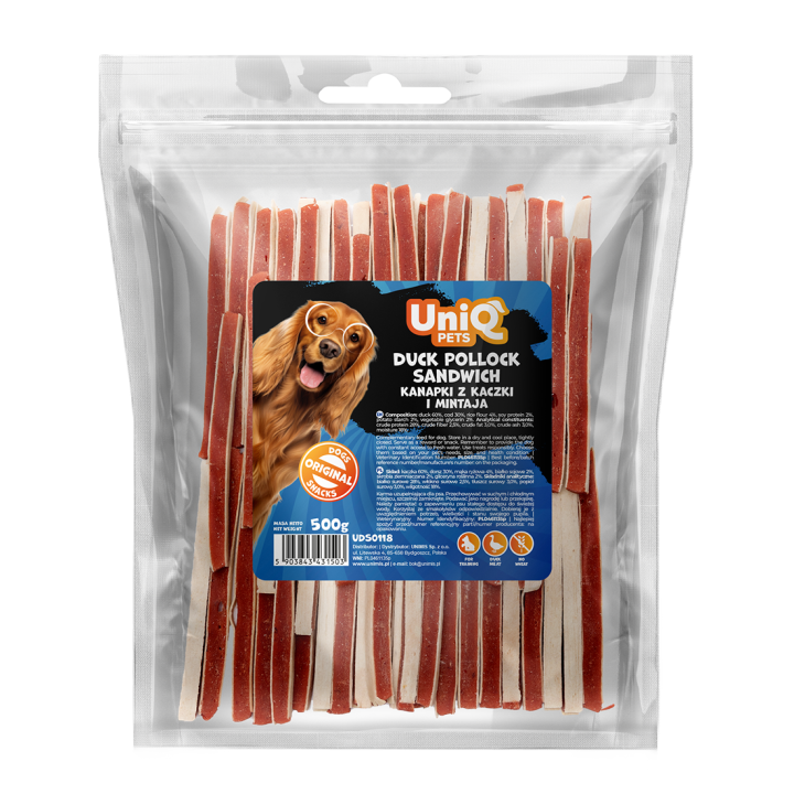 UNIQ PETS PRZYSMAKI DLA PSA MEATY 500g kanapki z kaczki i mintaja