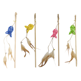 UNIQ PETS ZABAWKA DLA KOTA SWISHY drewniana wędka z plecioną rybą i piórkiem 40-47cm