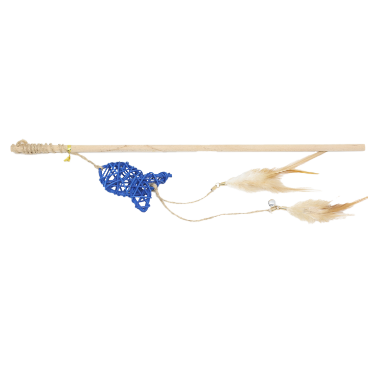UNIQ PETS ZABAWKA DLA KOTA SWISHY drewniana wędka z plecioną rybą i piórkiem 40-47cm