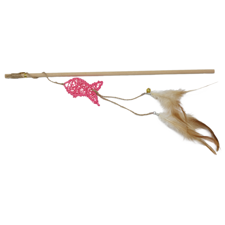 UNIQ PETS ZABAWKA DLA KOTA SWISHY drewniana wędka z plecioną rybą i piórkiem 40-47cm