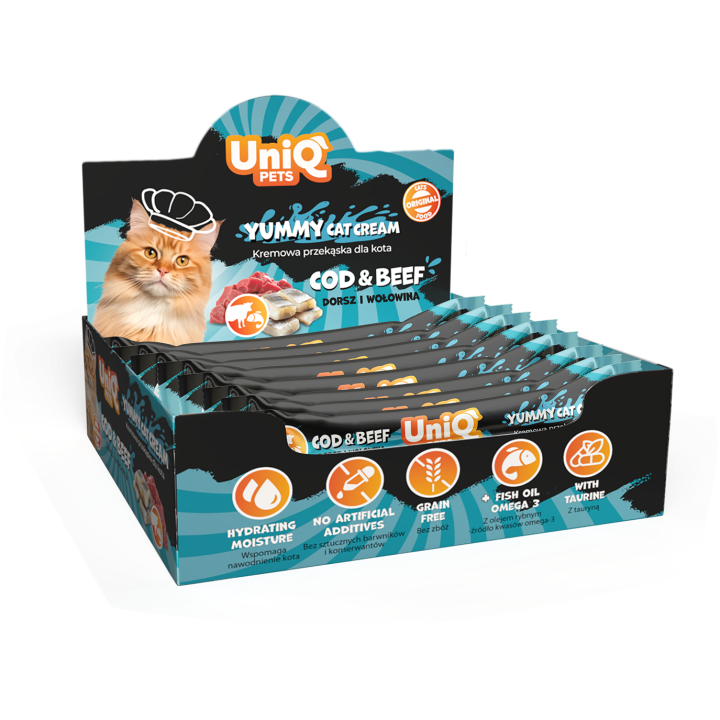 UNIQ PETS KREMOWA PRZEKĄSKA DLA KOTA PURRCREAM 15 g x 50 szt o smaku dorsza i wołowiny
