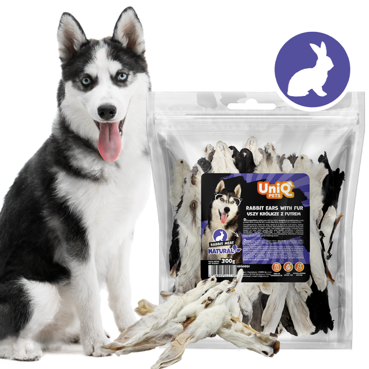 Uszy królicze z futrem naturalne przysmaki dla psa Uniq Pets