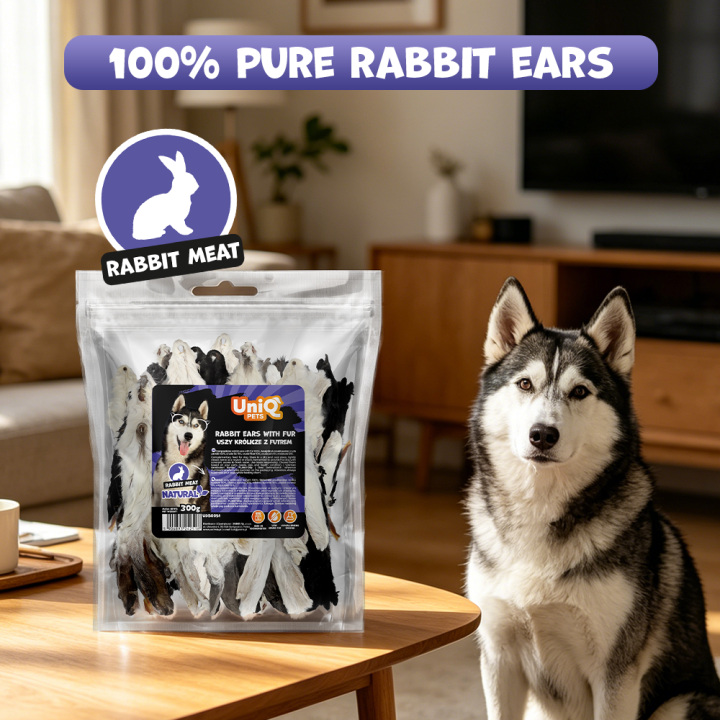 Uszy królicze z futrem naturalne przysmaki dla psa Uniq Pets