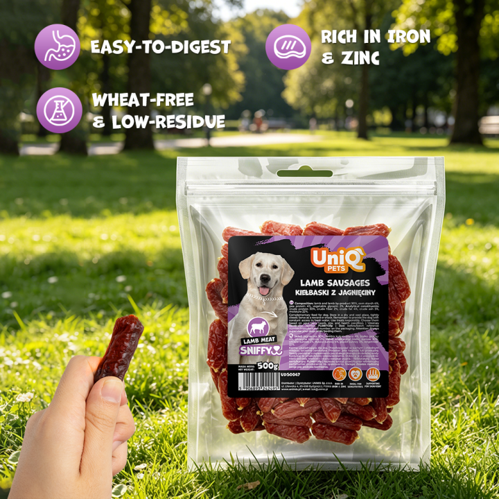Przysmaki dla psa jagnięcina kiełbaski 500g Uniq Pets