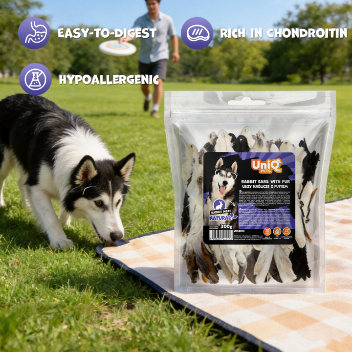 Uszy królicze z futrem naturalne przysmaki dla psa Uniq Pets