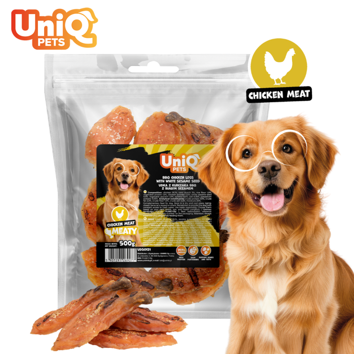 UNIQ PETS PRZYSMAKI DLA PSA MEATY 500g udka z kurczaka BBQ z białym sezamem