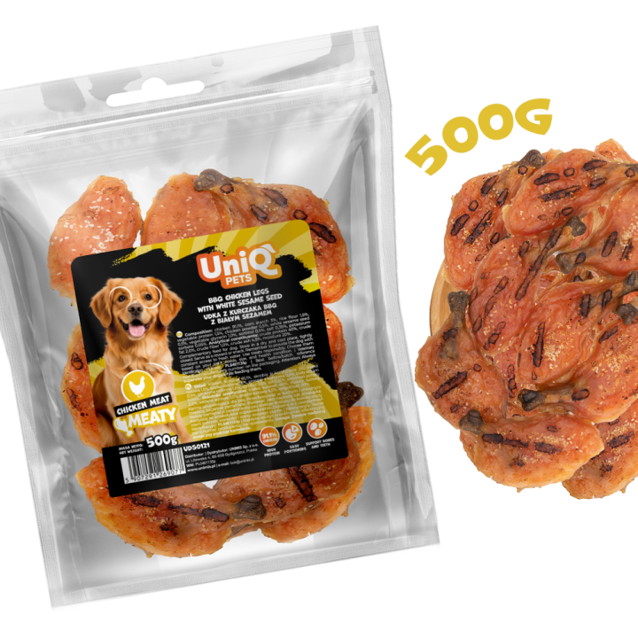 UNIQ PETS PRZYSMAKI DLA PSA MEATY 500g udka z kurczaka BBQ z białym sezamem
