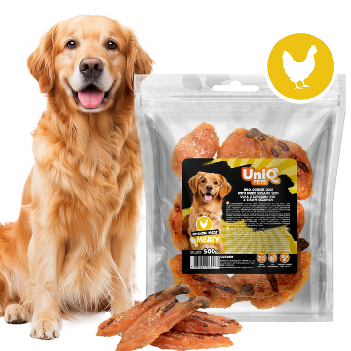 UNIQ PETS PRZYSMAKI DLA PSA MEATY 500g udka z kurczaka BBQ z białym sezamem