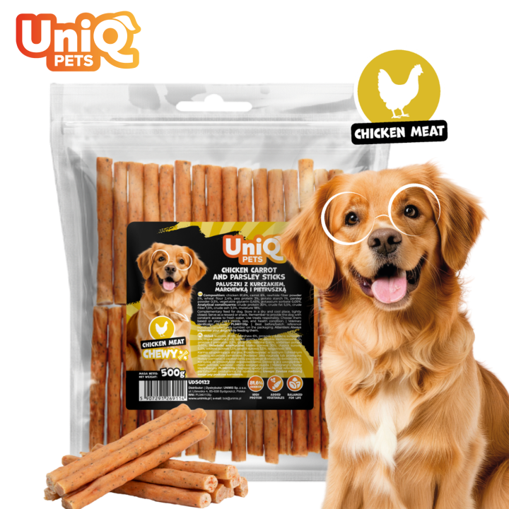 UNIQ PETS PRZYSMAKI DLA PSA CHEWY 500g paluszki z kurczakiem, marchewką i pietruszką