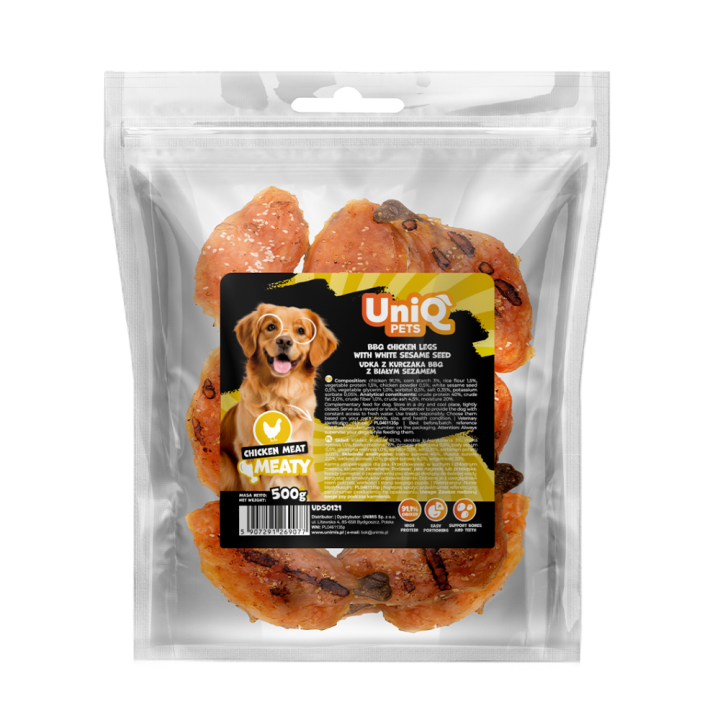 UNIQ PETS PRZYSMAKI DLA PSA MEATY 500g udka z kurczaka BBQ z białym sezamem
