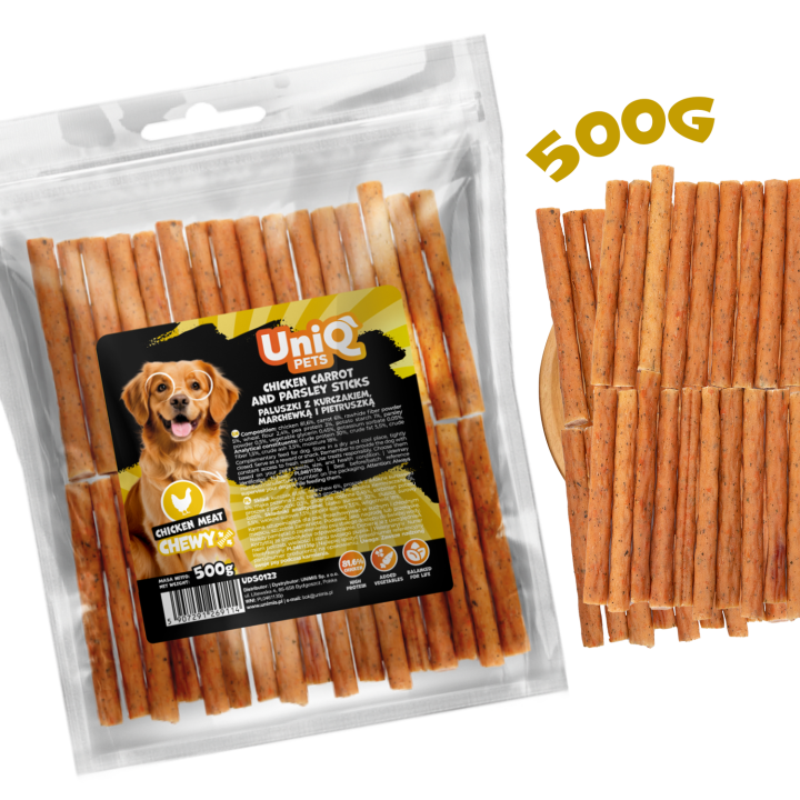 UNIQ PETS PRZYSMAKI DLA PSA CHEWY 500g paluszki z kurczakiem, marchewką i pietruszką