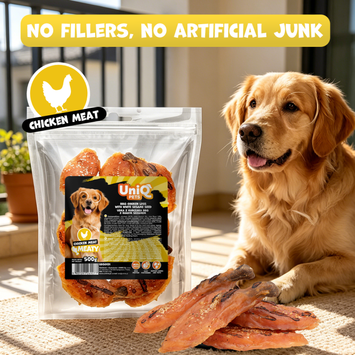 UNIQ PETS PRZYSMAKI DLA PSA MEATY 500g udka z kurczaka BBQ z białym sezamem