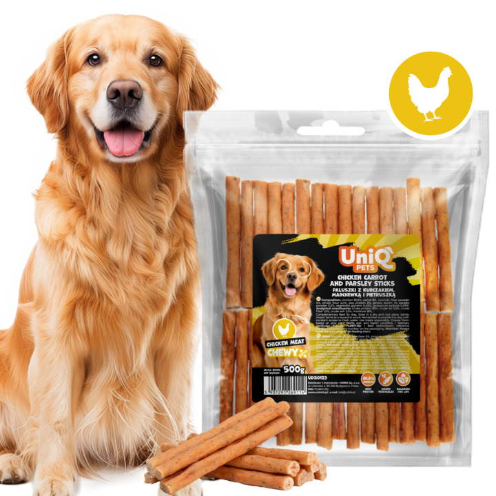 UNIQ PETS PRZYSMAKI DLA PSA CHEWY 500g paluszki z kurczakiem, marchewką i pietruszką