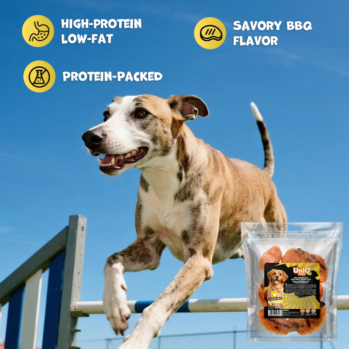 UNIQ PETS PRZYSMAKI DLA PSA MEATY 500g udka z kurczaka BBQ z białym sezamem