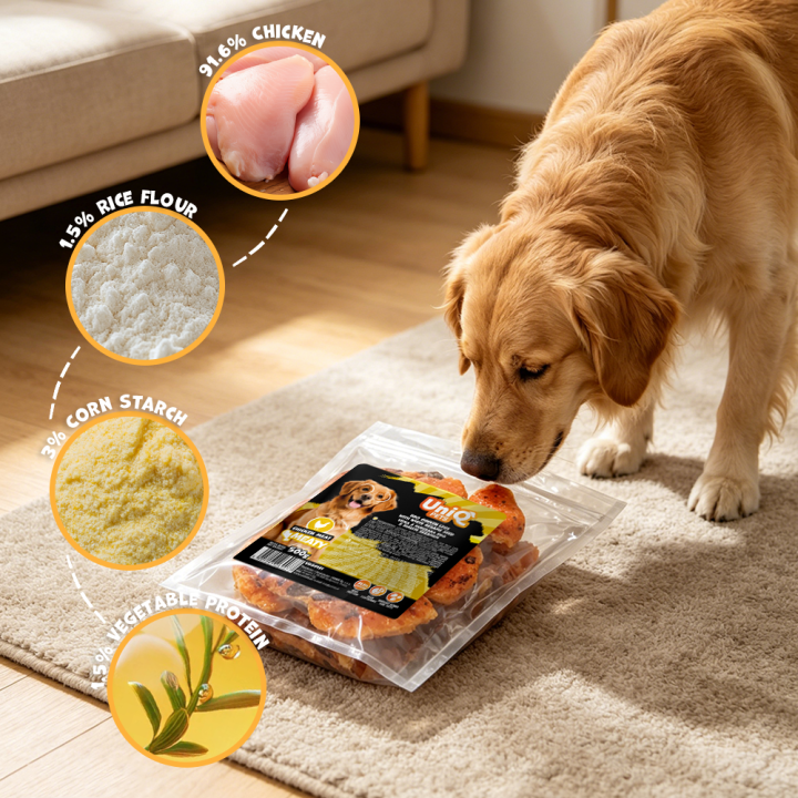 UNIQ PETS PRZYSMAKI DLA PSA MEATY 500g udka z kurczaka BBQ z białym sezamem
