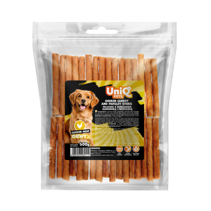 UNIQ PETS PRZYSMAKI DLA PSA CHEWY 500g paluszki z kurczakiem, marchewką i pietruszką