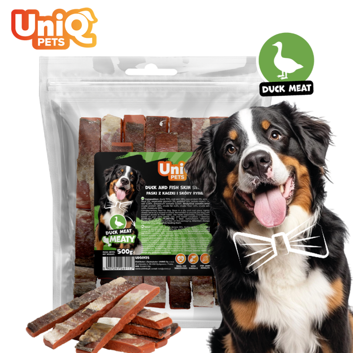 UNIQ PETS PRZYSMAKI DLA PSA MEATY 500g paski z kaczki i skóry rybiej