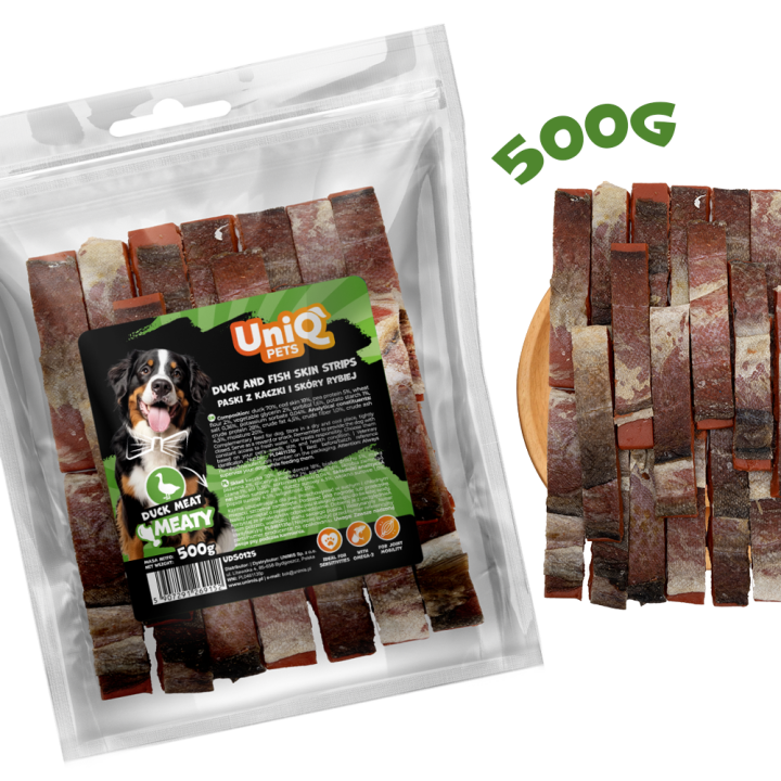 UNIQ PETS PRZYSMAKI DLA PSA MEATY 500g paski z kaczki i skóry rybiej