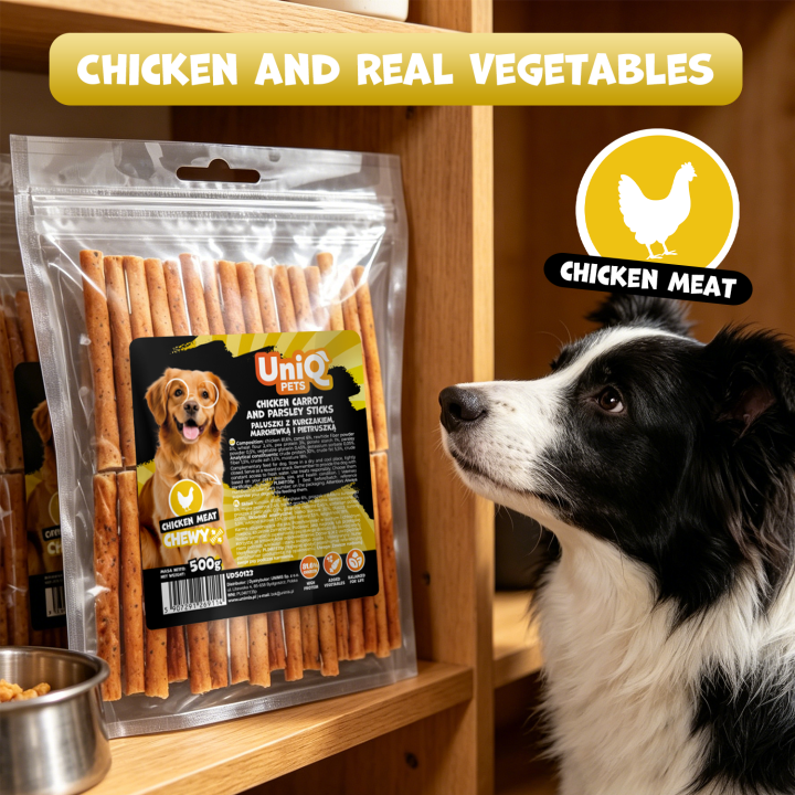 UNIQ PETS PRZYSMAKI DLA PSA CHEWY 500g paluszki z kurczakiem, marchewką i pietruszką