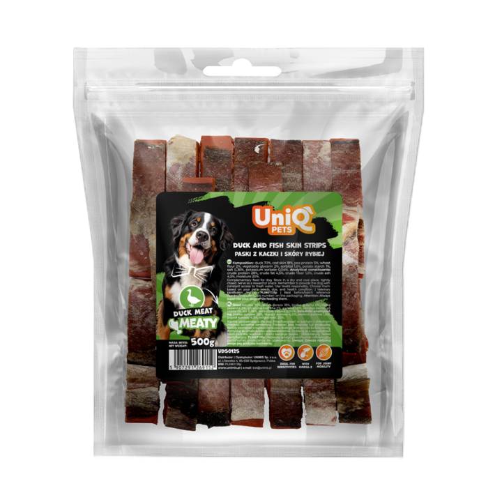 UNIQ PETS PRZYSMAKI DLA PSA MEATY 500g paski z kaczki i skóry rybiej