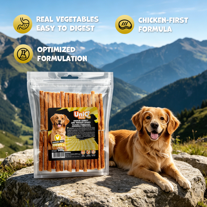 UNIQ PETS PRZYSMAKI DLA PSA CHEWY 500g paluszki z kurczakiem, marchewką i pietruszką