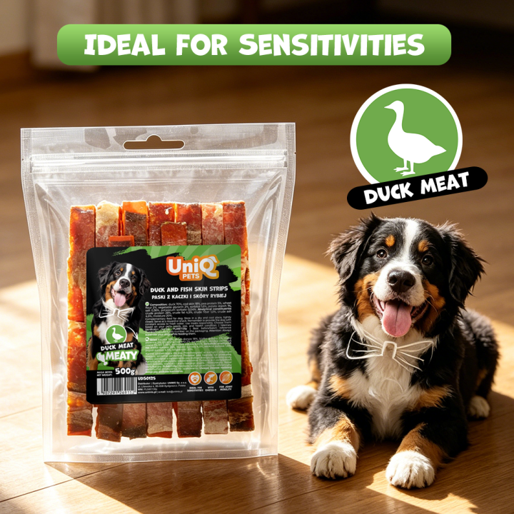 UNIQ PETS PRZYSMAKI DLA PSA MEATY 500g paski z kaczki i skóry rybiej