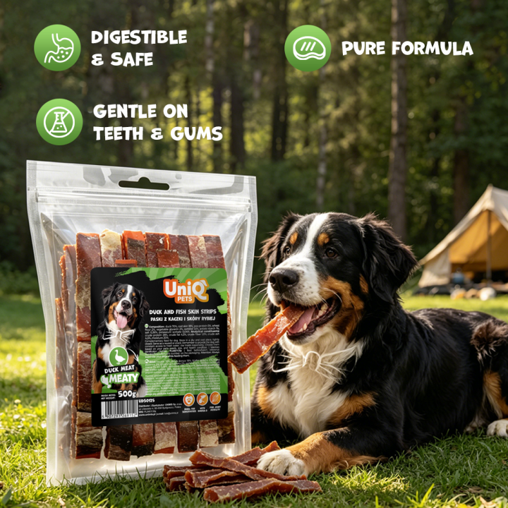 UNIQ PETS PRZYSMAKI DLA PSA MEATY 500g paski z kaczki i skóry rybiej