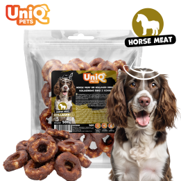 UNIQ PETS PRZYSMAKI DLA PSA CHEWY 500g ringi kolagenowe z koniną 5cm