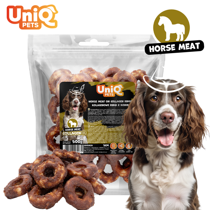UNIQ PETS PRZYSMAKI DLA PSA CHEWY 500g ringi kolagenowe z koniną 5cm