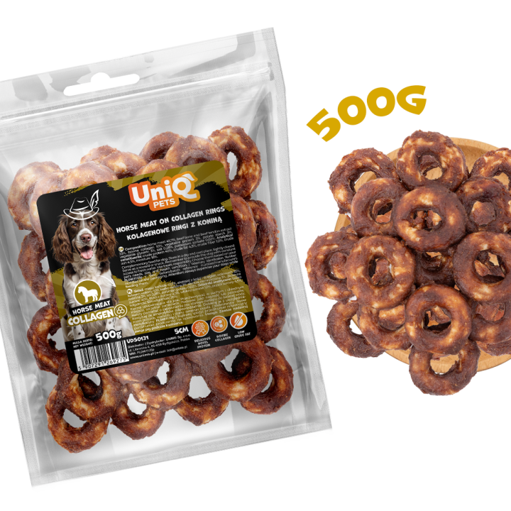 UNIQ PETS PRZYSMAKI DLA PSA CHEWY 500g ringi kolagenowe z koniną 5cm