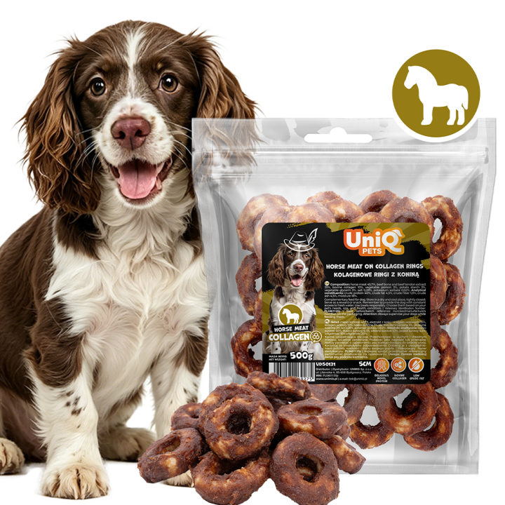 UNIQ PETS PRZYSMAKI DLA PSA CHEWY 500g ringi kolagenowe z koniną 5cm