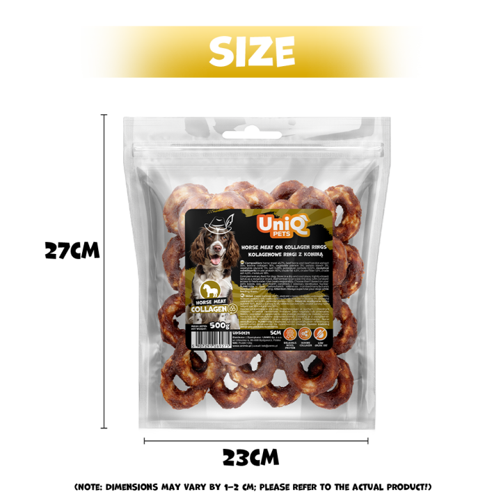 UNIQ PETS PRZYSMAKI DLA PSA CHEWY 500g ringi kolagenowe z koniną 5cm