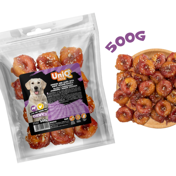UNIQ PETS PRZYSMAKI DLA PSA CHEWY 500g bajgle z kurczakiem, jagnięciną i białym sezamem 4cm