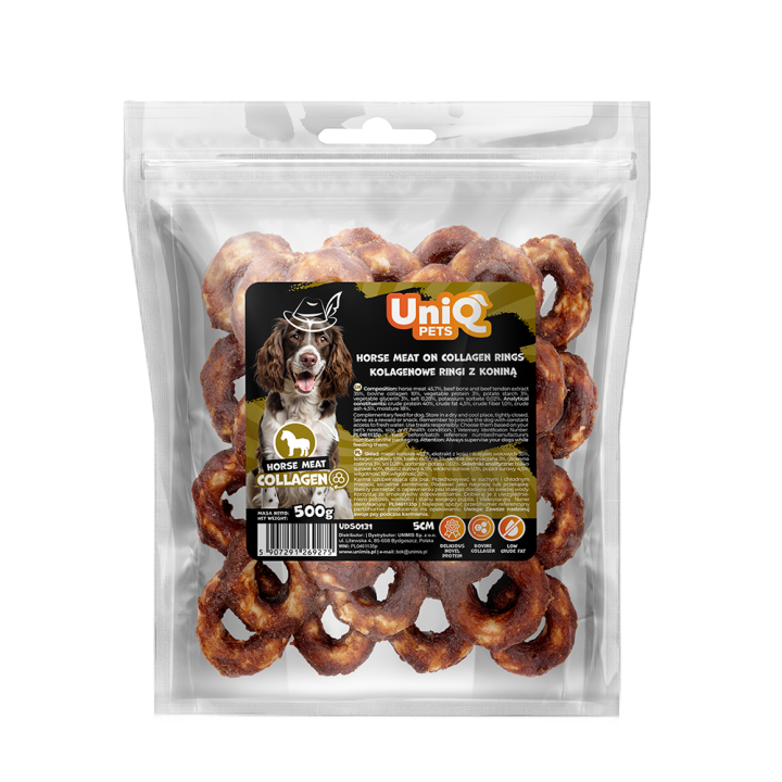 UNIQ PETS PRZYSMAKI DLA PSA CHEWY 500g ringi kolagenowe z koniną 5cm
