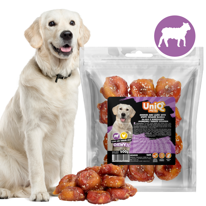 UNIQ PETS PRZYSMAKI DLA PSA CHEWY 500g bajgle z kurczakiem, jagnięciną i białym sezamem 4cm