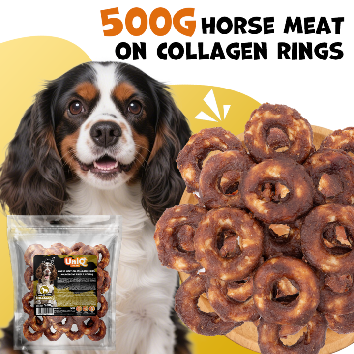 UNIQ PETS PRZYSMAKI DLA PSA CHEWY 500g ringi kolagenowe z koniną 5cm