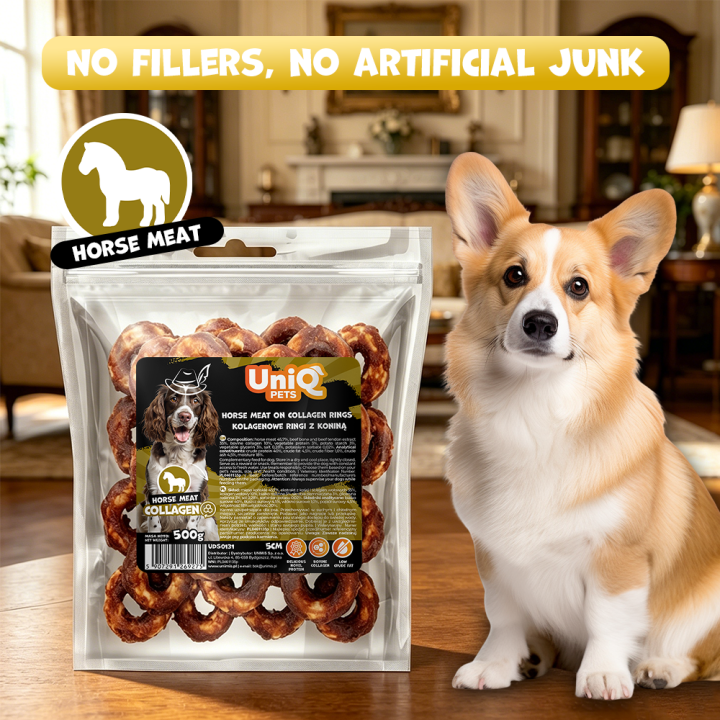 UNIQ PETS PRZYSMAKI DLA PSA CHEWY 500g ringi kolagenowe z koniną 5cm