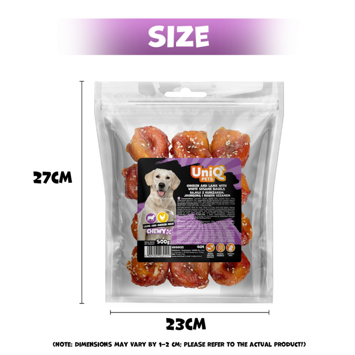 UNIQ PETS PRZYSMAKI DLA PSA CHEWY 500g bajgle z kurczakiem, jagnięciną i białym sezamem 4cm