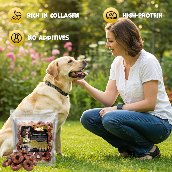 UNIQ PETS PRZYSMAKI DLA PSA CHEWY 500g ringi kolagenowe z koniną 5cm