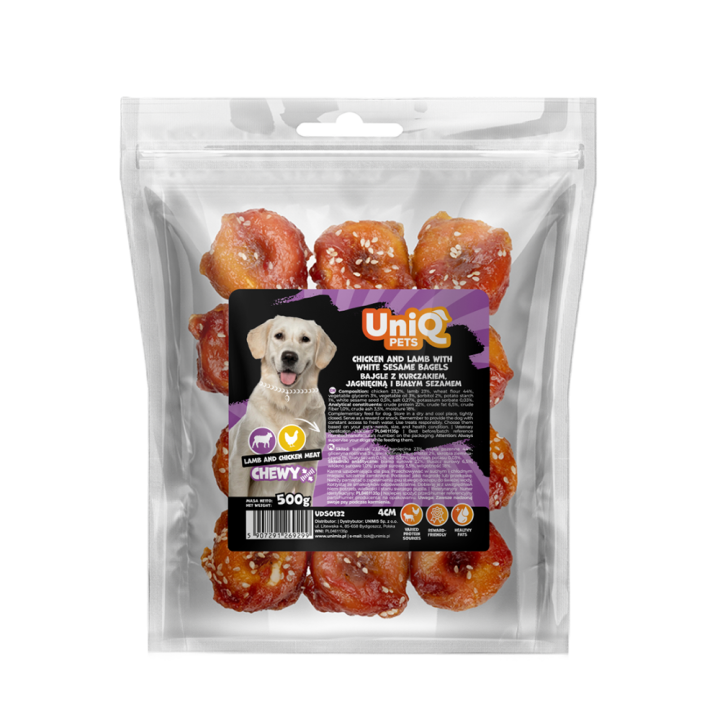 UNIQ PETS PRZYSMAKI DLA PSA CHEWY 500g bajgle z kurczakiem, jagnięciną i białym sezamem 4cm