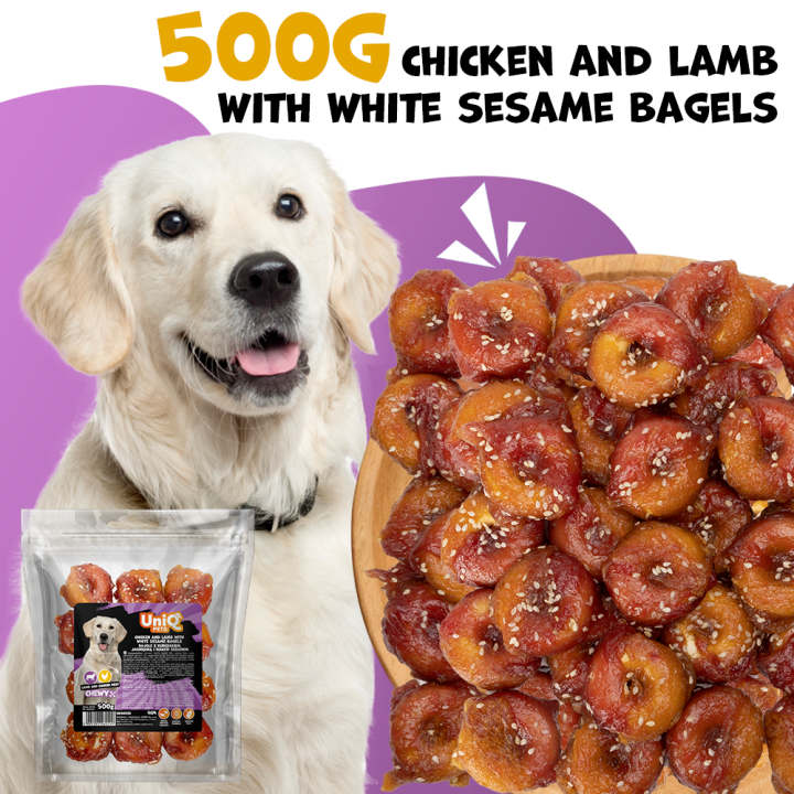UNIQ PETS PRZYSMAKI DLA PSA CHEWY 500g bajgle z kurczakiem, jagnięciną i białym sezamem 4cm