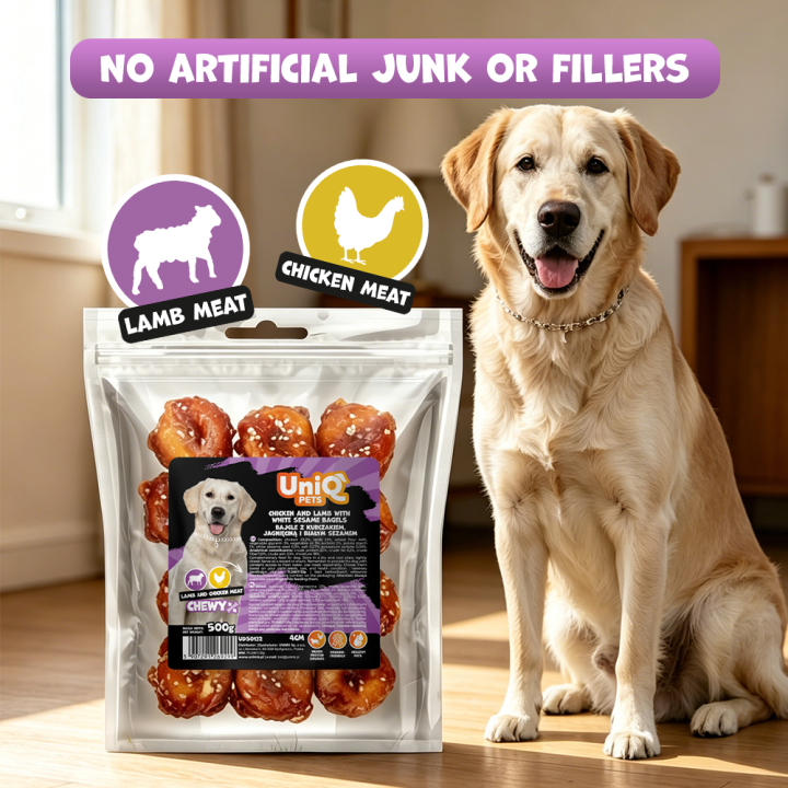 UNIQ PETS PRZYSMAKI DLA PSA CHEWY 500g bajgle z kurczakiem, jagnięciną i białym sezamem 4cm