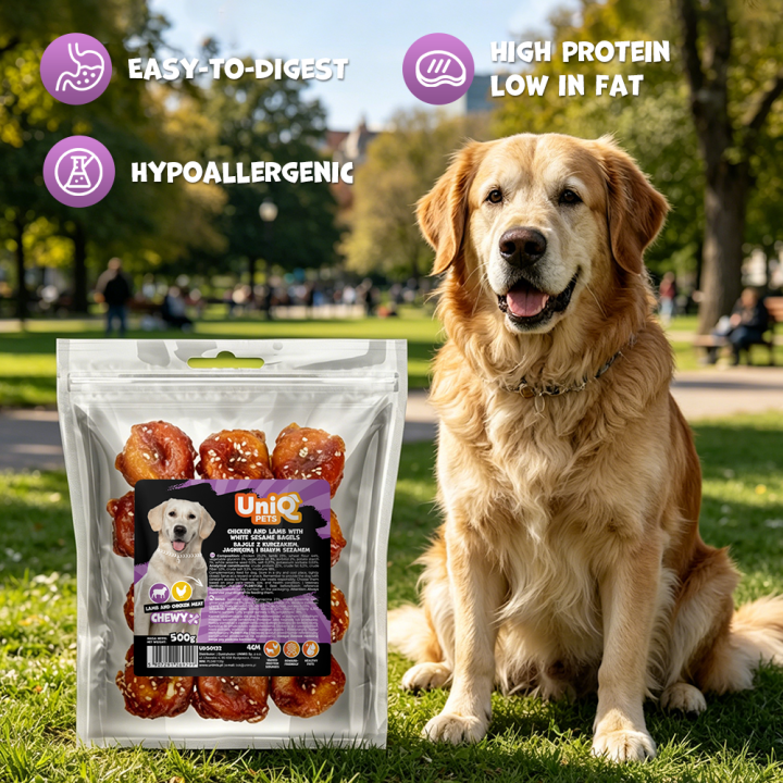 UNIQ PETS PRZYSMAKI DLA PSA CHEWY 500g bajgle z kurczakiem, jagnięciną i białym sezamem 4cm