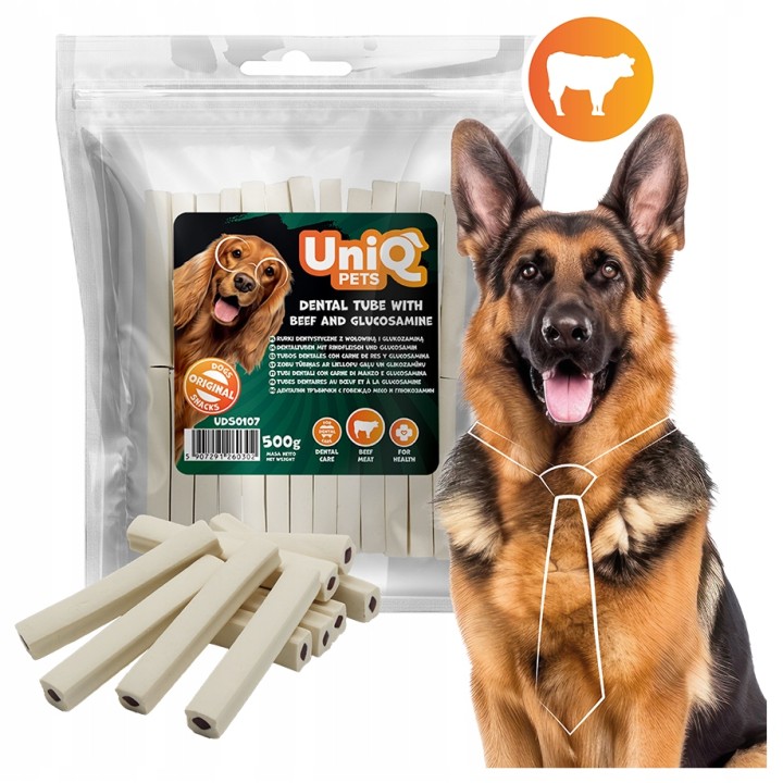 UNIQ PETS Przysmak dentystyczny rurki dentystyczne z wołowiną i glukozaminą 500g