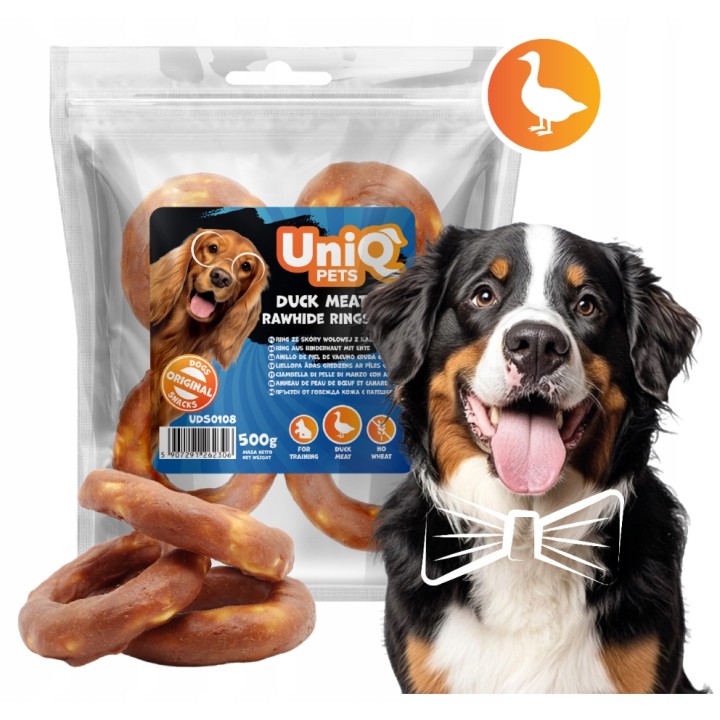 UNIQ PETS przysmaki dla psa 500g ring ze skóry wołowej z kaczką 12cm